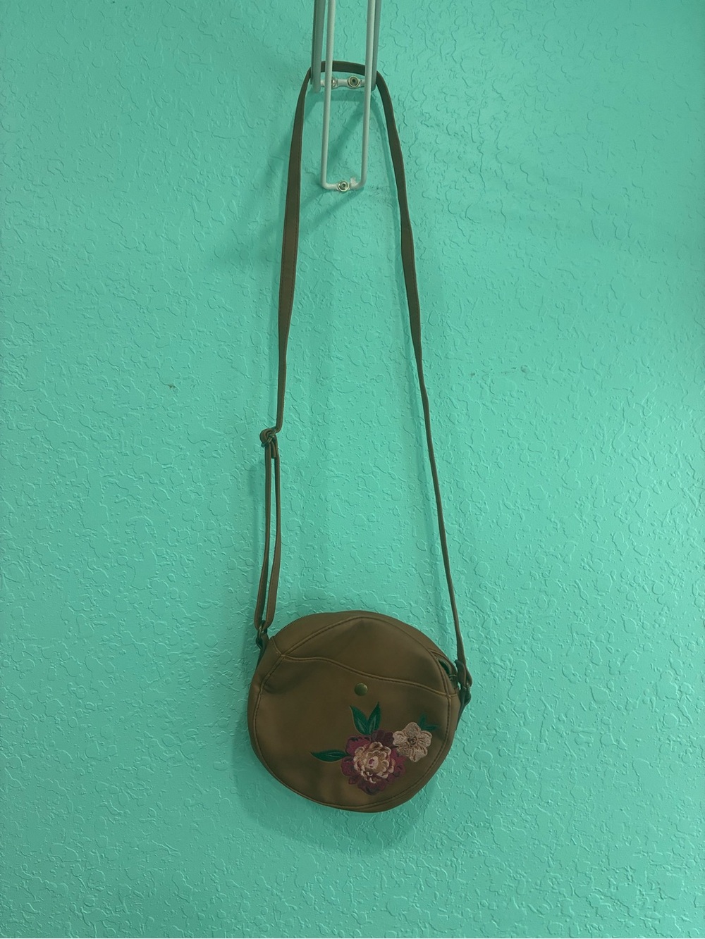 Women's Brown Round Crossbody Bag with Floral Embroidery boho purse